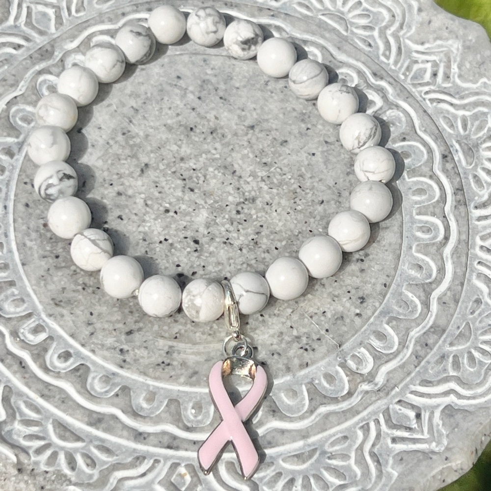 Pink Ribbon Howlite Beaded Bracelet - Handmade by Wandering Bunny LLC